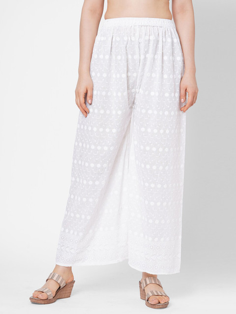 

RedRound Women White Ethnic Motifs Embroidered Chikankari Cotton Straight Palazzos