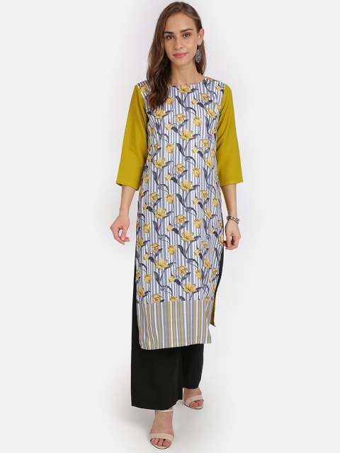 

SAADHVI Women Yellow & Grey Floral Printed Crepe Kurta