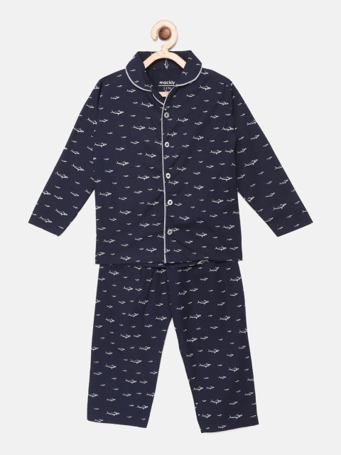 

mackly Boys Navy Blue & White Printed Night suit