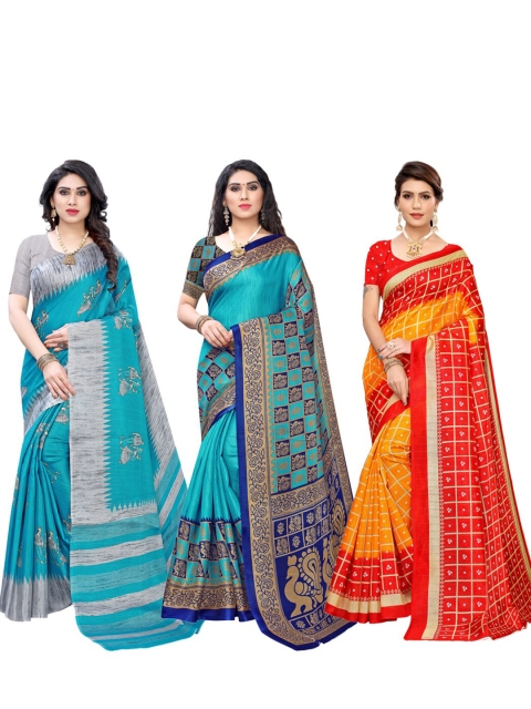 

KALINI Pack Of 3 Silk Blend Sarees, Blue