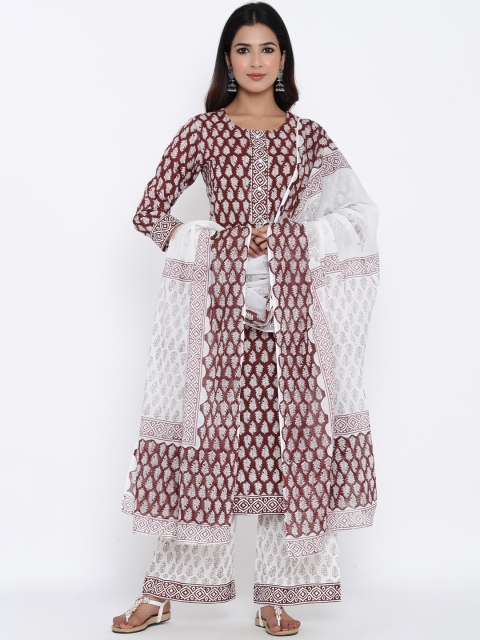 

kipek Women Maroon Floral Printed High Slit Pure Cotton Kurta with Pyjamas