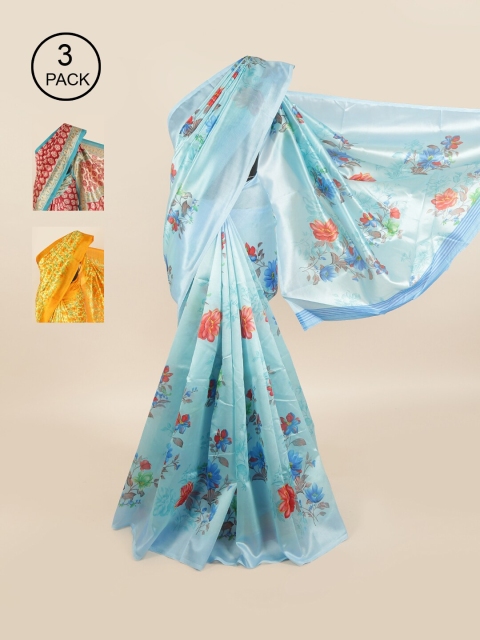 

Pothys Pack of 3 Ethnic Motifs Jute Silk Sarees, Blue