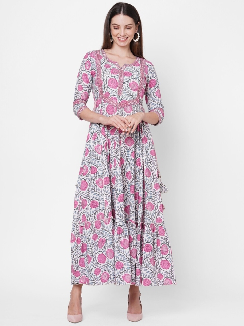 

FASHOR Women White & Pink Floral Printed A-Line Maxi Dress With 2-Ply Mask