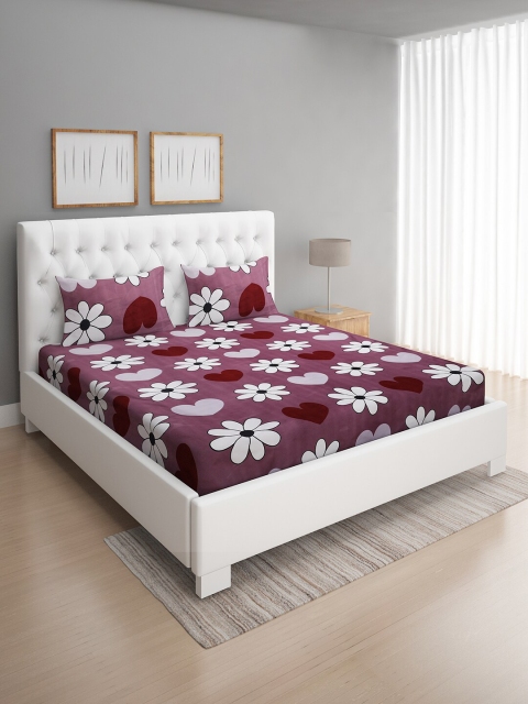 

ROMEE Purple & White Floral 144 TC Cotton Queen Bedsheet with 2 Pillow Covers