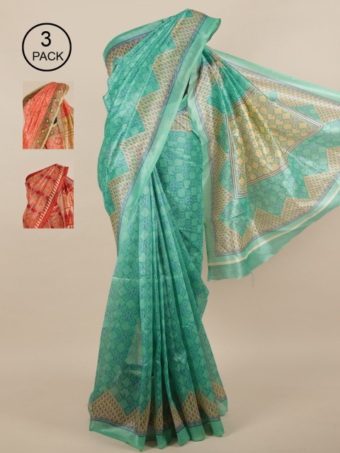 

Pothys Pack of 3 Ethnic Motifs Jute Silk Sarees, Green