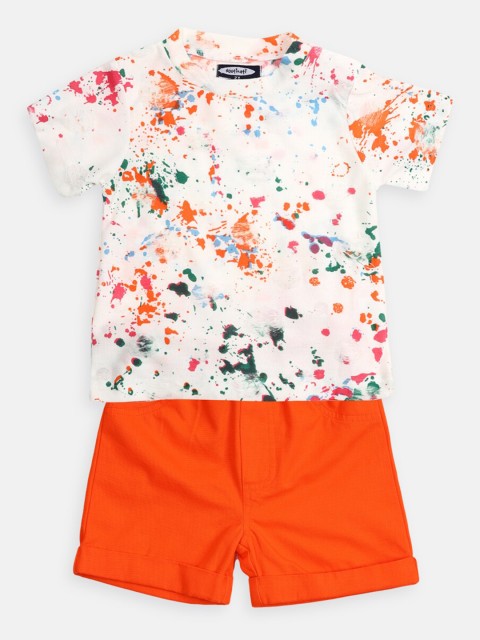 

Nauti Nati Boys White & Orange Printed T-shirt with Shorts