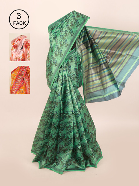 

Pothys Pack of 3 Ethnic Motifs Jute Silk Sarees, Green