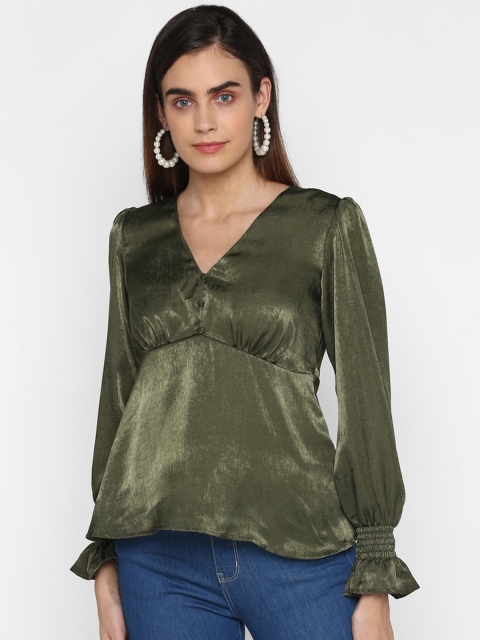 

FOSH Women Olive Green Puff Sleeve Satin Empire Top