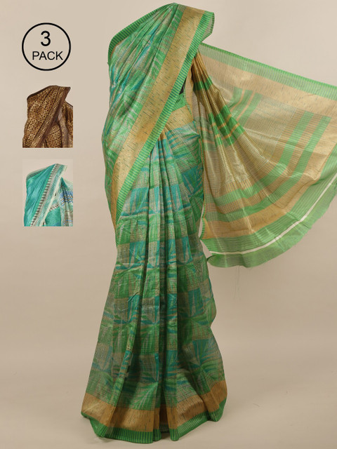 

Pothys Pack of 3 Ethnic Motifs Jute Silk Sarees, Green
