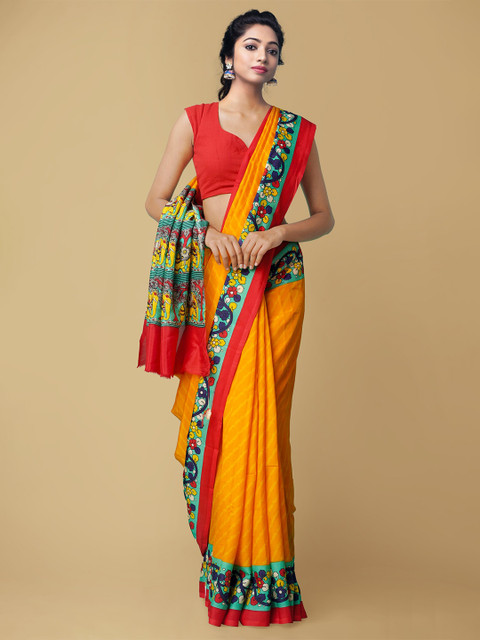 

Unnati Silks Orange & Red Leheriya Silk Blend Pochampally Saree