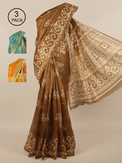 

Pothys Pack of 3 Ethnic Motifs Jute Silk Sarees, Brown