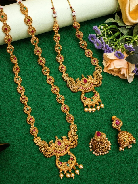 

aadita Gold-Plated Pink & Green Stone-Studded & White Beaded Temple Jewellery Set