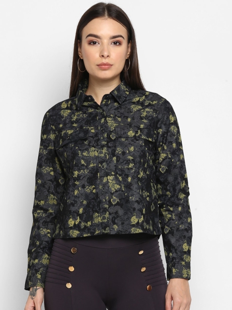 

FOSH Women Black Floral Printed Casual Shirt