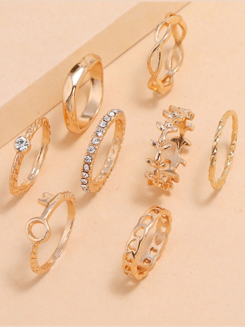 

YoungWildFree Set Of 8 Gold-Plated White Rhinestone-Studded Finger Rings