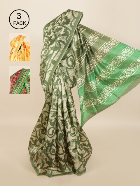

Pothys Pack of 3 Ethnic Motifs Jute Silk Sarees, Green