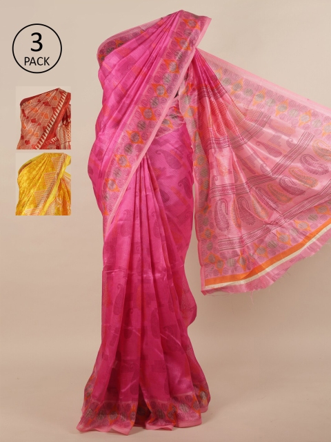 

Pothys Pack of 3 Ethnic Motifs Jute Silk Sarees, Pink