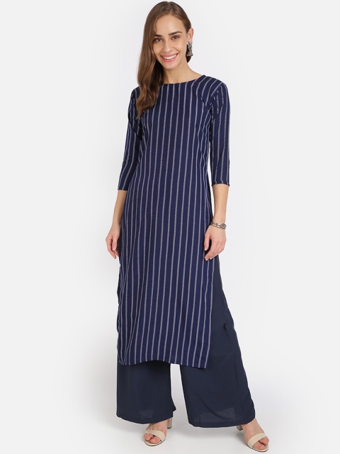 

SAADHVI Women Navy Blue Striped Thread Work Crepe Kurta