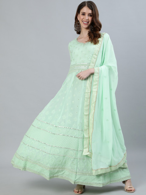

Ishin Women Green Ethnic Motifs Embroidered Mirror Work Georgette Anarkali Kurta