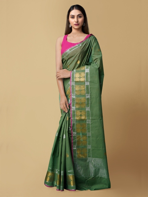 

Unnati Silks Green & Gold-Toned Ethnic Motifs Zari Silk Cotton Kota Handloom Saree