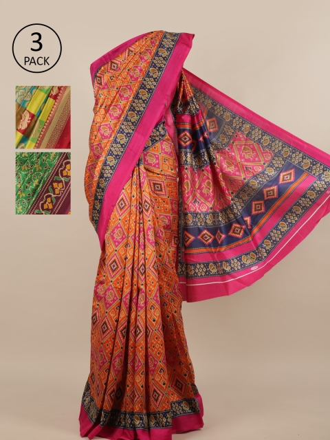 

Pothys Pack of 3 Ethnic Motifs Jute Silk Sarees, Orange