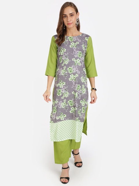 

SAADHVI Women Green & Grey Floral Printed Pure Crepe Kurta