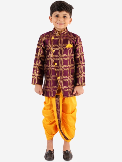

KID1 Boys Purple & Yellow Ethnic Motifs Printed Sherwani