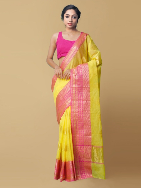 

Unnati Silks Yellow & Pink Ethnic Motifs Zari Silk Cotton Kota Handloom Saree
