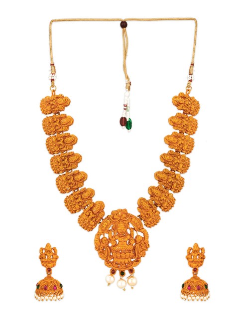 

aadita Gold-Plated Pink & White Stone-Studded & Pearl Beaded Temple Jewellery Set