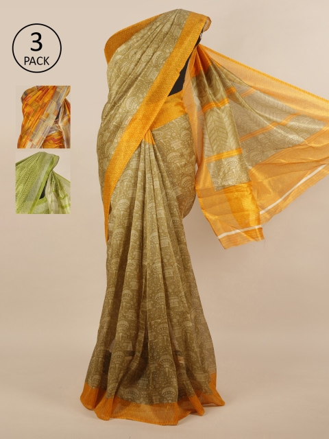 

Pothys Pack of 3 Ethnic Motifs Jute Silk Sarees, Green