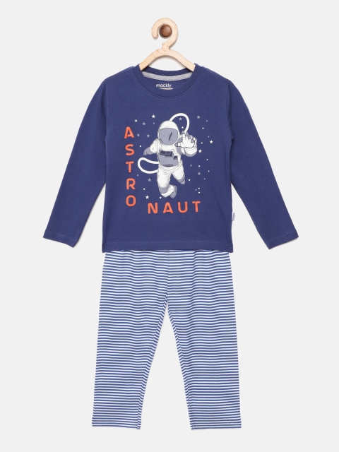

mackly Boys Navy Blue & White Printed Night suit