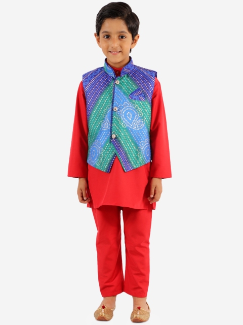 

KID1 Boys Red Layered Kurta with Pyjamas & Jacket