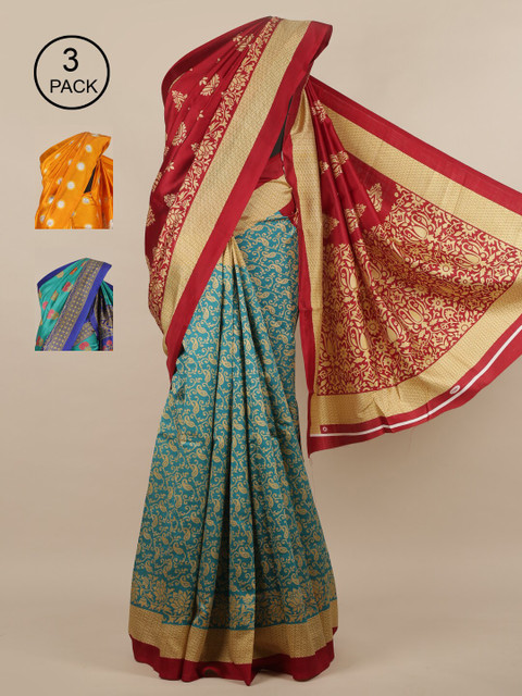 

Pothys Pack of 3 Ethnic Motifs Jute Silk Sarees, Maroon