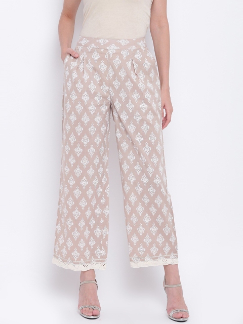 

Be Indi Women Beige & White Ethnic Motifs Print Straight Palazzos
