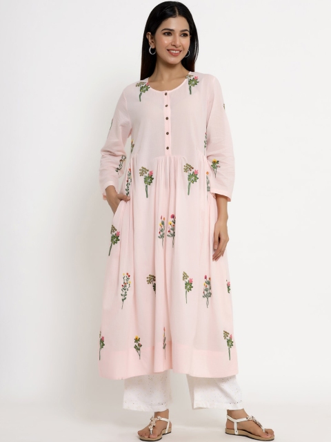 

VRISA Women Pink & Green Floral Embroidered Thread Work Anarkali Kurta