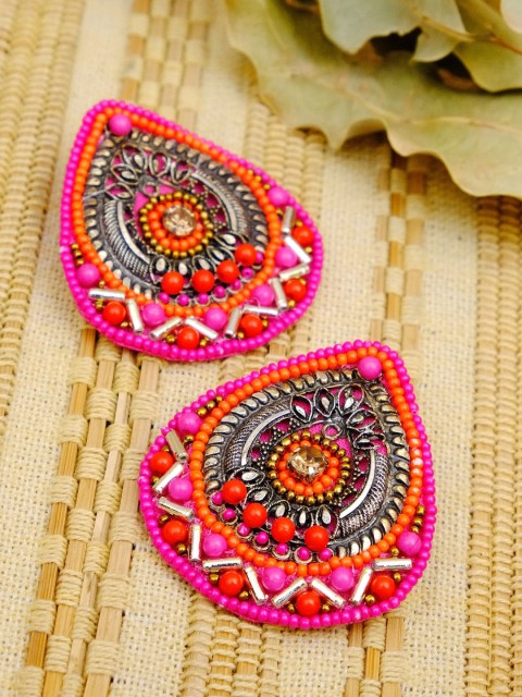 

Crunchy Fashion Pink & Oxidized Silver Handcrafted Teardrop Shaped Drop Earrings