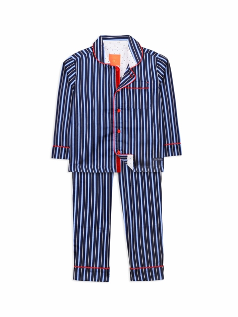 

Cherry Crumble Unisex Kids Navy Blue & White Striped Night suit