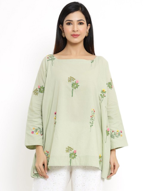 

VRISA Green Floral Embroidered Cotton Regular Top