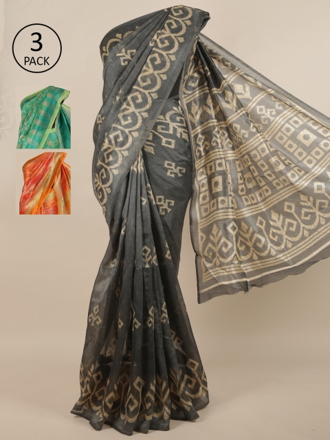 

Pothys Pack of 3 Ethnic Motifs Jute Silk Sarees, Grey