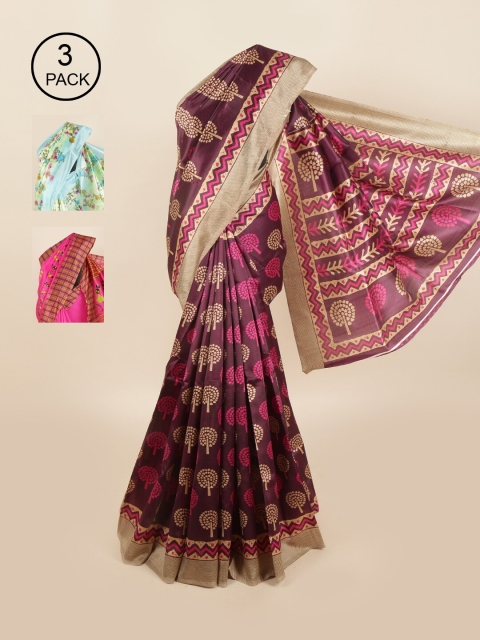 

Pothys Pack of 3 Ethnic Motifs Jute Silk Sarees, Purple