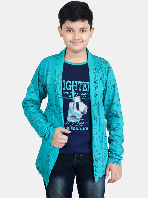 

Fabshio Boys Turquoise Blue Typography Printed T-shirt with Attached Jacket