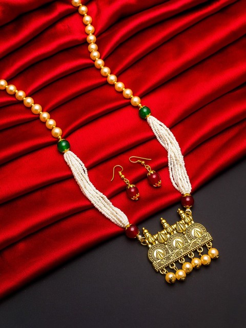 

aadita Gold-Plated White & Maroon Pearl-Beaded Temple Jewellery Set