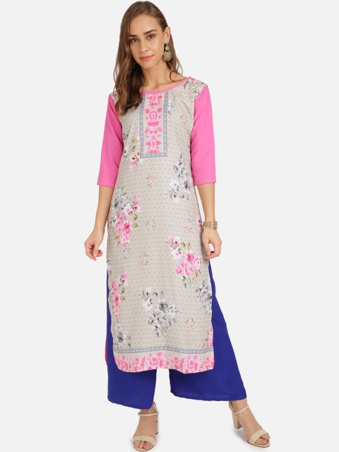 

SAADHVI Women Pink & Beige Floral Printed Crepe Kurta