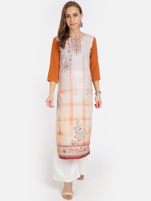 

SAADHVI Women Beige & Orange Floral Printed Crepe Kurta