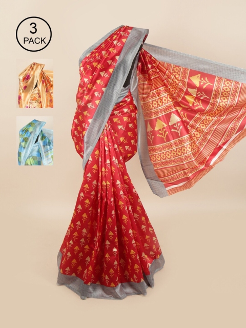

Pothys Pack of 3 Ethnic Motifs Jute Silk Sarees, Red