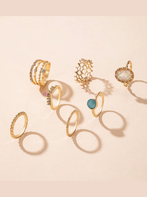 

YoungWildFree Set Of 7 Gold-Plated White & Blue Stone-Studded Luxury Charms Pretty Design Finger Rings