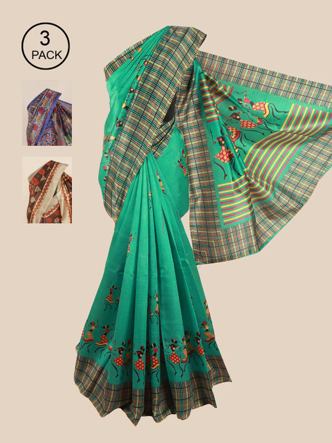 

Pothys Pack of 3 Ethnic Motifs Jute Silk Sarees, Green