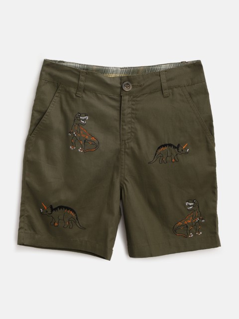 

Cherry Crumble Boys Olive Green Dinosaur Embroidered Mid-Rise Regular Shorts