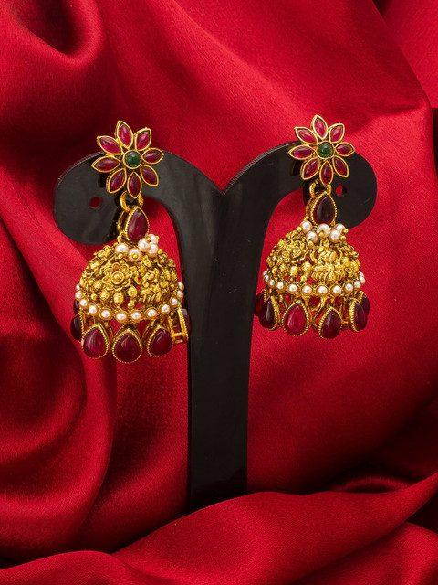 

aadita Gold-Toned & Red Floral Jhumkas Earrings