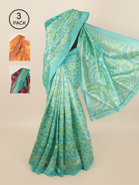 

Pothys Pack of 3 Ethnic Motifs Jute Silk Sarees, Blue