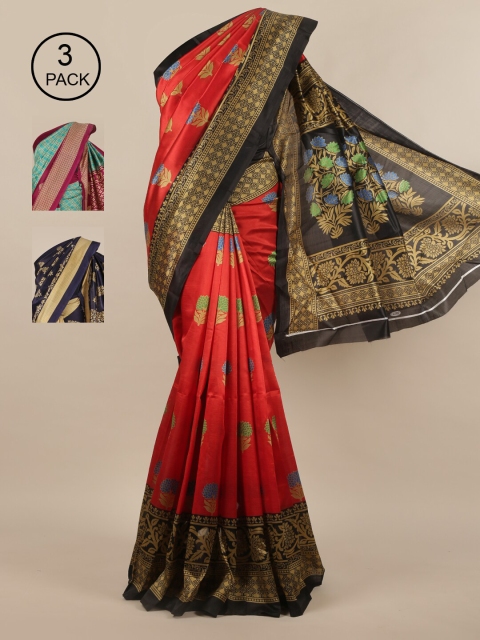 

Pothys Pack of 3 Ethnic Motifs Jute Silk Sarees, Red